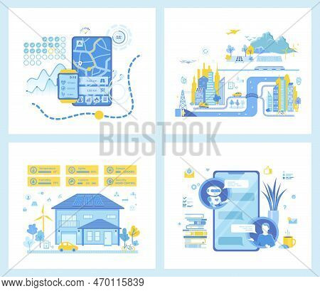 Set Of Flat Vector Illustrations For Smart Training. Chatbot, Customer Support. Smart Modern Eco Hou