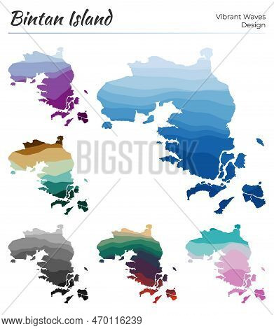 Set Of Vector Maps Of Bintan Island. Vibrant Waves Design. Bright Mapin Geometric Smooth Curves Styl