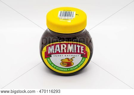 Wolverhampton, England - February 4 2023: Jar Of Marmite Branded Yeast Extract Spread Isolated On A 