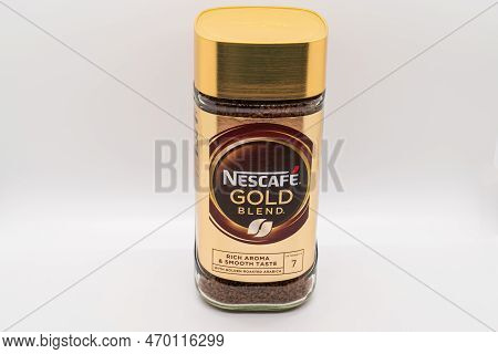 Wolverhampton, England - February 4 2023: Nescafe Gold Blend Uk Version Coffee Jar Isolated On A Whi
