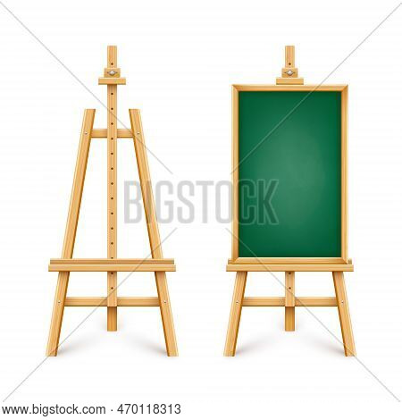 Realistic Green Chalkboard On Wooden Easel. Blank Blackboard In Wooden Frame On A Tripod. Presentati