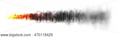 Realistic Black Smoke With Fire, Space Rocket Launch Trail. Fire Burst, Explosion. Missile Or Bullet