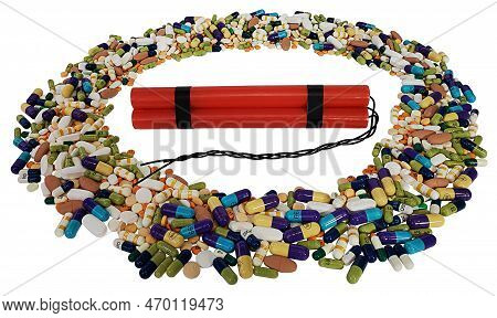 Red Dynamite With Long Braided Wicks And Pills Showing How Dangerous It Is To Do Drugs
