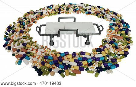 Medical Gurney For Transporting Patients Surrounded By Pills