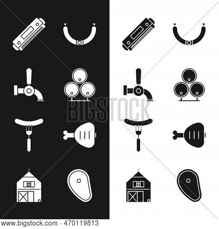 Set Wooden Barrels, Beer Tap, Harmonica, Sausage, The Fork, Chicken Leg, Steak Meat And Farm House I