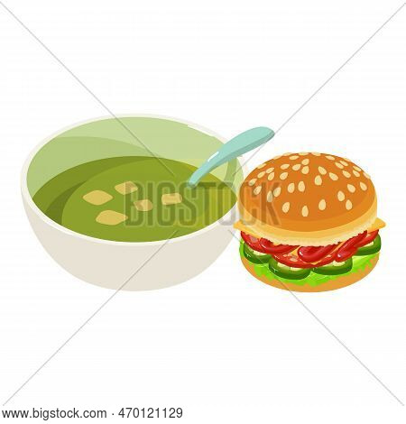 Dinner Icon Isometric Vector. Spinach Cream Soup, Cheese Hamburger With Sausage. Food Concept, Nutri