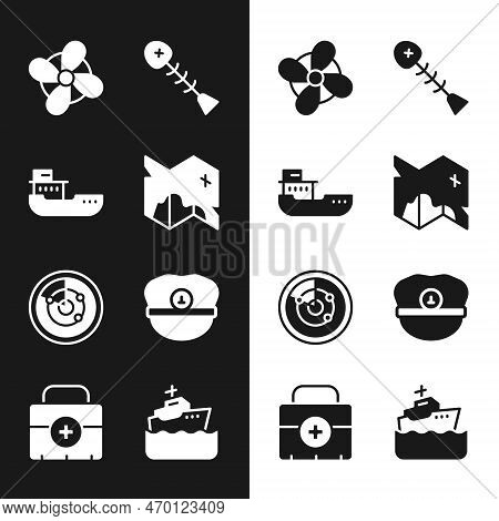Set Pirate Treasure Map, Cargo Ship, Boat Propeller, Dead Fish, Radar With Targets, Captain Hat, Cru