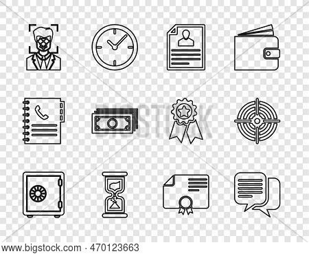 Set Line Safe, Chat, Resume, Old Hourglass, Face Recognition, Stacks Paper Money Cash, Certificate T