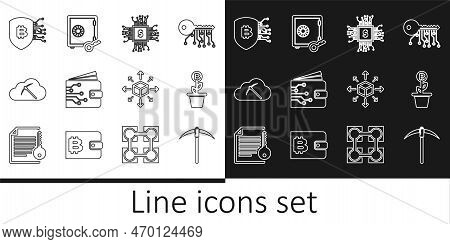 Set Line Pickaxe, Bitcoin Plant In The Pot, Processor Chip With Dollar, Cryptocurrency Wallet, Cloud