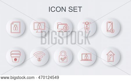 Set Line Retro Wall Watch, Cooler Bag, Ftp Folder And Lock, Laptop, Document, Lock On Monitor, Wifi 