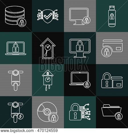 Set Line Folder And Lock, Credit Card With, Lock On Monitor, Retro Wall Watch, Laptop, Server Securi