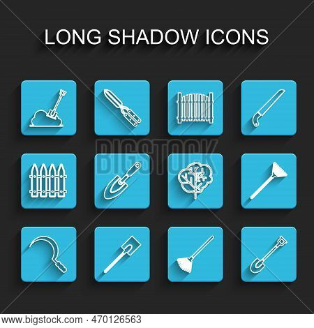 Set Line Sickle, Garden Shovel, Shovel In The Ground, Rake For Leaves, Trowel Spade, And Tree Icon. 