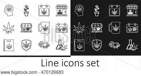 Set Line Test Tube With Marijuana, Calendar And, Online Buying, Marijuana Or Cannabis Leaf, Head Pro