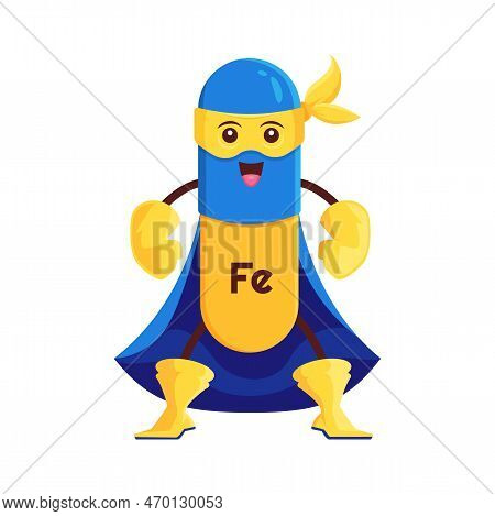 Cartoon Ferrum Or Iron Superhero Micronutrient Character. Isolated Vector Funny Fe Mineral Bubble In