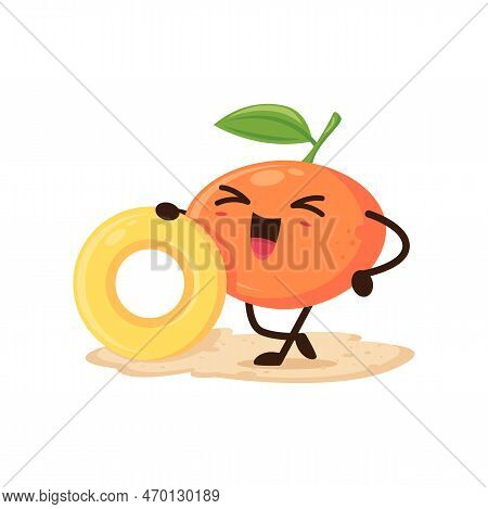 Cartoon Orange Fruit Character On Summer Beach Vacation. Isolated Vector Fresh Citrus Personage With