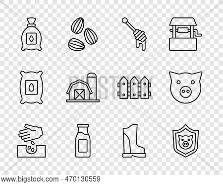 Set Line Seeds, Shield With Pig, Honey Dipper Stick, Bottle Milk, Pack Full Of Seeds Of Plant, Farm 