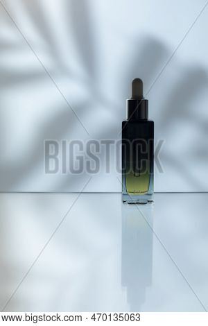 A Transculent Glass Bottle With Cosmetic Oil On Reflecting Surface In The Semi Dark, With A Shade Of