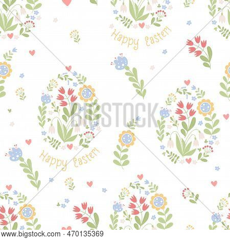 Floral Easter Seamless Pattern. Decorative Flowers And Flowering Easter Egg On White Background. Vec