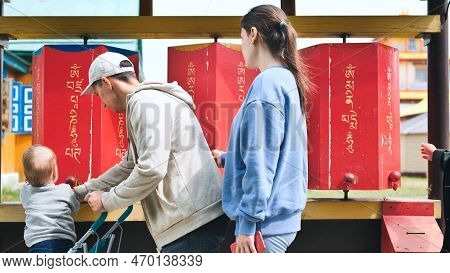 Verkhnyaya Ivolga, Buryatia, Russia - August 9, 2021: Pilgrims S
