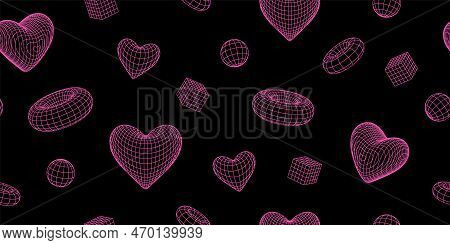 Geometry Wireframe Shapes And Grids In Neon Pink Color. 3d Hearts Seamless Pattern.