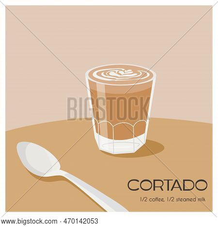 Cortado Recipe. Hot Latte Or Cappuccino In Transparent Glass On Table With Teaspoon. Cup Of Milk Cof