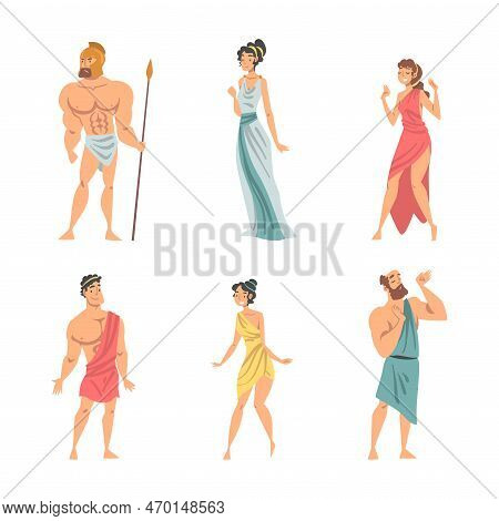 Greeks Or Hellenes People Character In Ethnic Chiton Clothing Vector Illustration Set