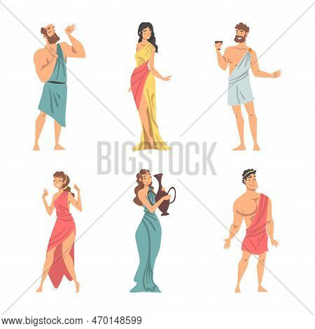 Greeks Or Hellenes People Character In Ethnic Chiton Clothing Vector Illustration Set