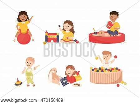 Smiling Boy And Girl Playing And Having Fun Vector Set
