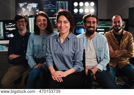 Portrait Of Happy Group Of Business Office Staff Smiling Looking At Camera. Team Of Corporate Worker