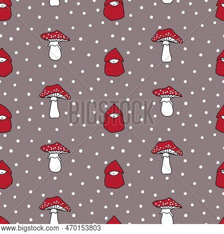 Vector Taupe Seamless Pattern With Small Figures And Toadstools. Dotted Parade. Tiny Red Hooded Figu