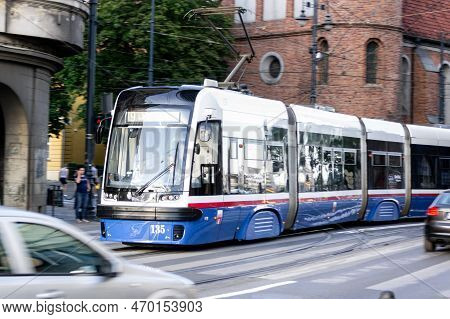 Bydgoszcz, Poland - August 10, 2018: Pesa Swing 121 122 Nab Tram In Bydgoszcz City With Slight Motio