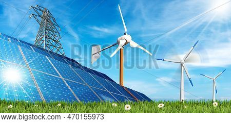 Group Of Solar Panels, Wind Turbines And A High Voltage Tower On A Green Meadow (green Grass And Dai