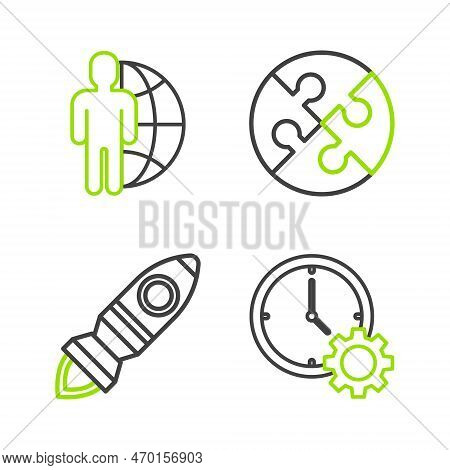 Set Line Time Management, Rocket Ship With Fire, Piece Of Puzzle And Globe And People Icon. Vector