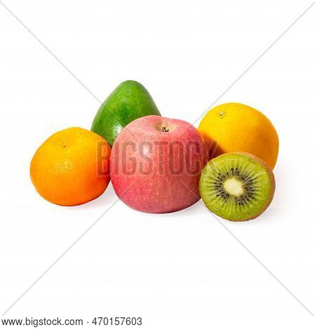 Kiwi Fruit, Mandarin Orange, Red Apple, Avocado And Orange Sunkist Isolated On White Background, Mix