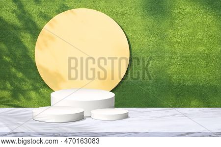 Products Display Presentation Backdrop, Round Podiums Set On White Marble Table With Circle Partitio
