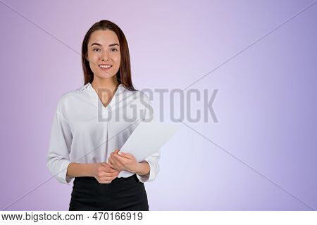 Smiling Attractive Businesswoman Wearing Formal Wear Standing Holding Pack Of Documents Near Empty P