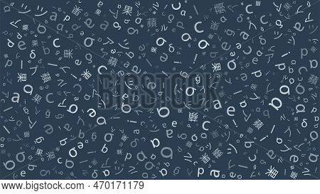 Various Dark Grey Blue Random Randomly Placed, Sized And Oriented Mix Of Latin Letters And Symbols,c