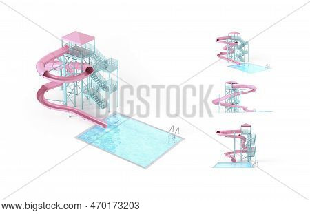 Blank Pink Waterslide With Swimming Pool Mockup, Different Views, 3d Rendering. Empty Sliding Aqualo