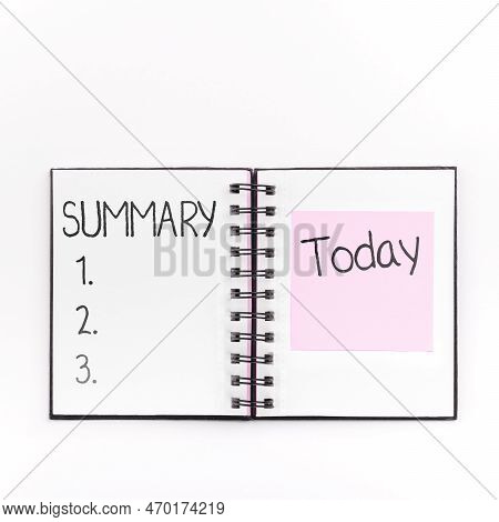 Text Sign Showing Summary. Word Written On Brief Statement Abstract Synopsis Concise Abbreviated Ver