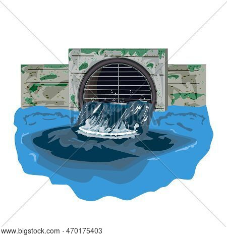 Wastewater And Sewer Pipe Isolated On White Background. Dirty Water Flowing From Tube. Ecological Di