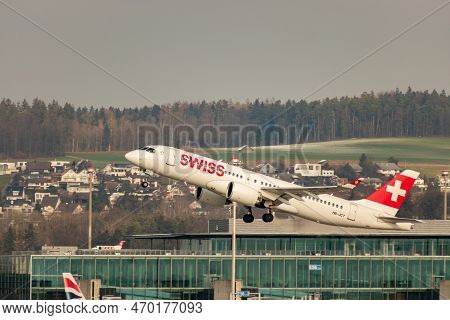 Zurich, Switzerland, January 20,2023 Swiss International Airlines Bombardier Cs-300 Or A220 Aircraft