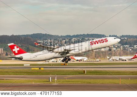 Zurich, Switzerland, January 20,2023 Swiss International Airlines Airbus A340-313 Aircraft Takeoff F