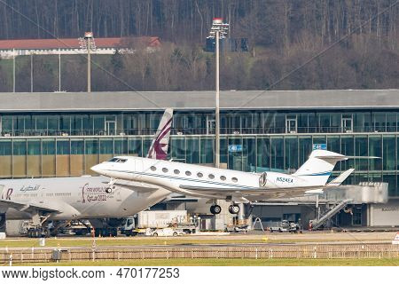 Zurich, Switzerland, January 20,2023 Gulfstream G650-er Business Aircraft Takeoff From Runway 28 Aft