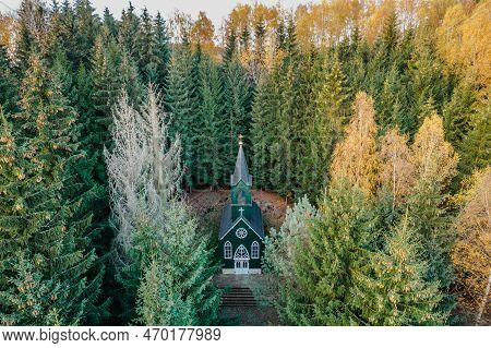 Aerial View Of Wooden Rural Chapel Called Tichackova Kaple In Broumovsko Region,czech Republic.catho