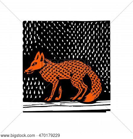 Walking Fox Monochrome Hand Drawn Linocut. Wildlife Vector Illustration. Forest Animal.