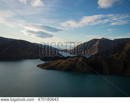 Panorama View Of Mountain Lake Nature Landscape On Benmore Peninsula And Waitaki River In Canterbury