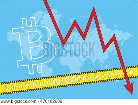 Bitcoin Index Rating Go Down On Exchange Market. Red Arrow. The Bitcoin Rate Is Going Down On The Ba