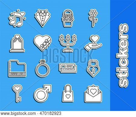 Set Line Envelope With Valentine Heart, Castle The Shape Of, Heart On Hand, Flowers Basket, Candy Sh