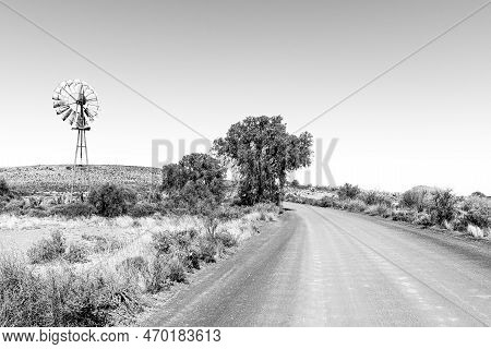 A Landscape, With A Corrugated Gravel Road, Windmill, Dam And Trees, Between Loxton And Fraserburg I
