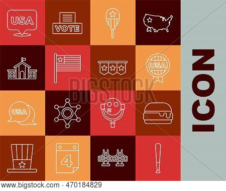 Set Line Baseball Bat, Burger, Medal With Star, Balloons, American Flag, United States Capitol Congr